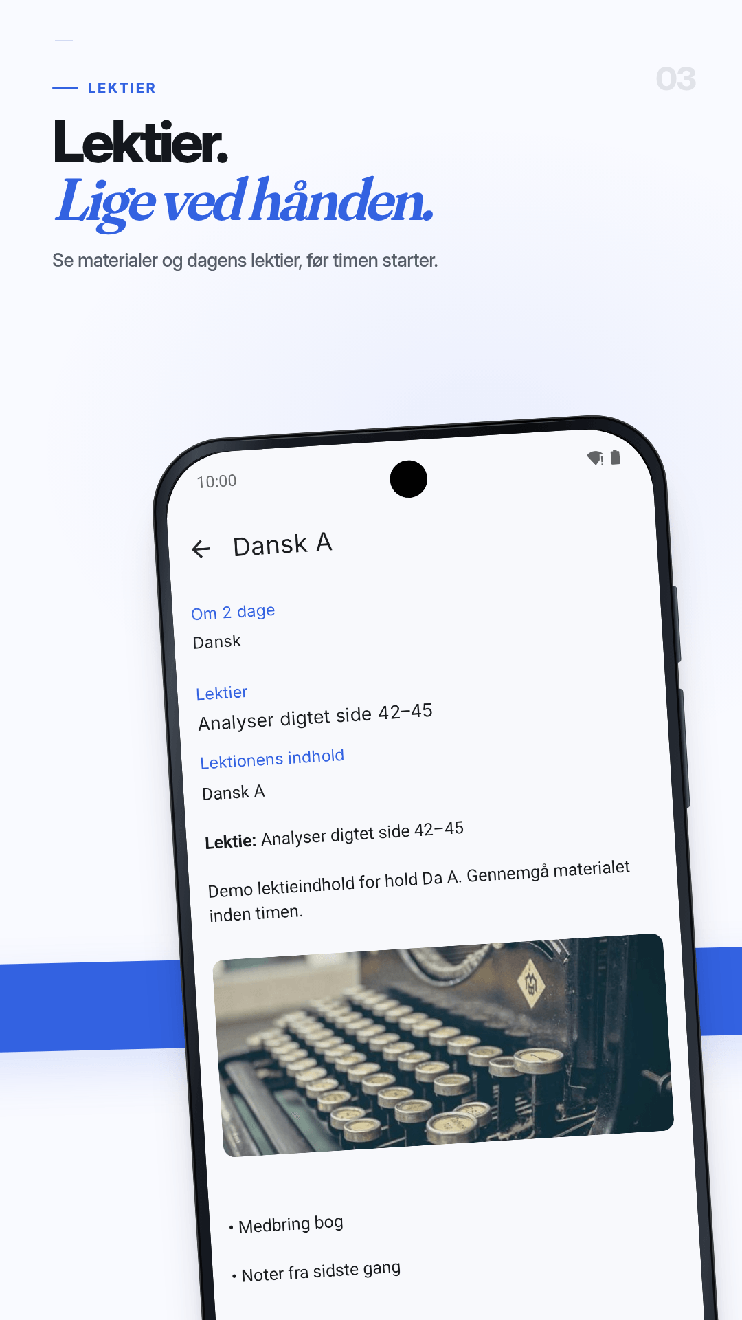 Lektier: Lektier og undervisningsmateriale med demodata