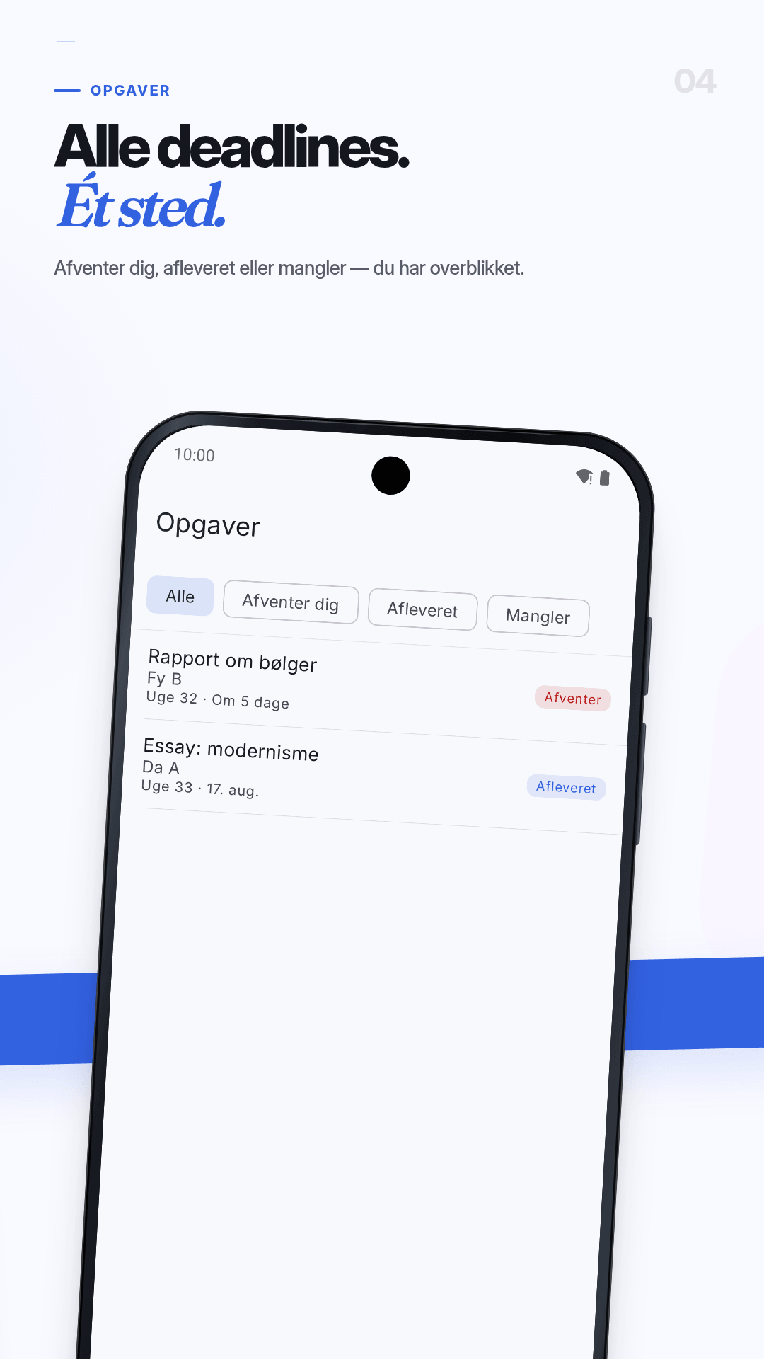 Opgaver: Deadlines og afleveringsstatus med demodata