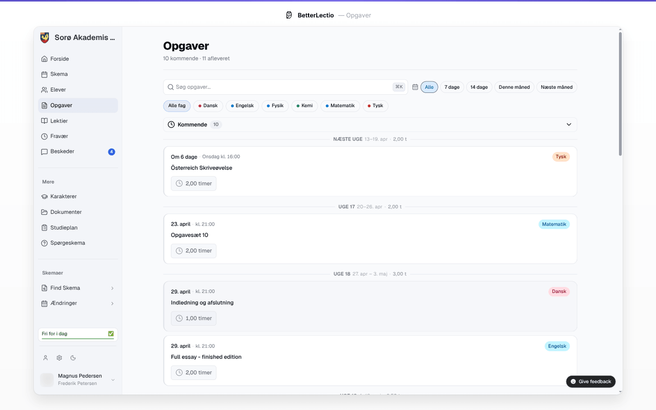 Opgaver i BetterLectios browserudvidelse, indrammet med demodata