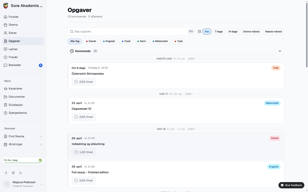 Opgaver i BetterLectios browserudvidelse med demodata