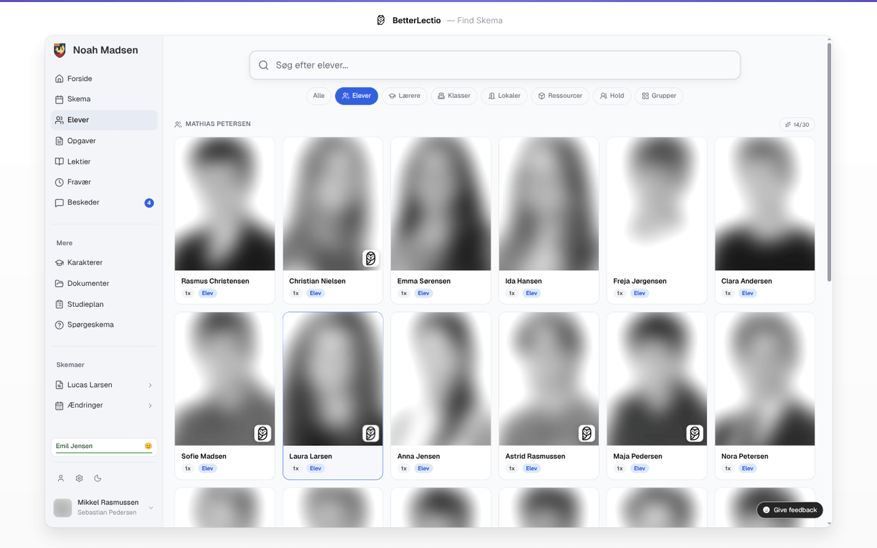 Find skema i BetterLectios browserudvidelse, indrammet med demodata
