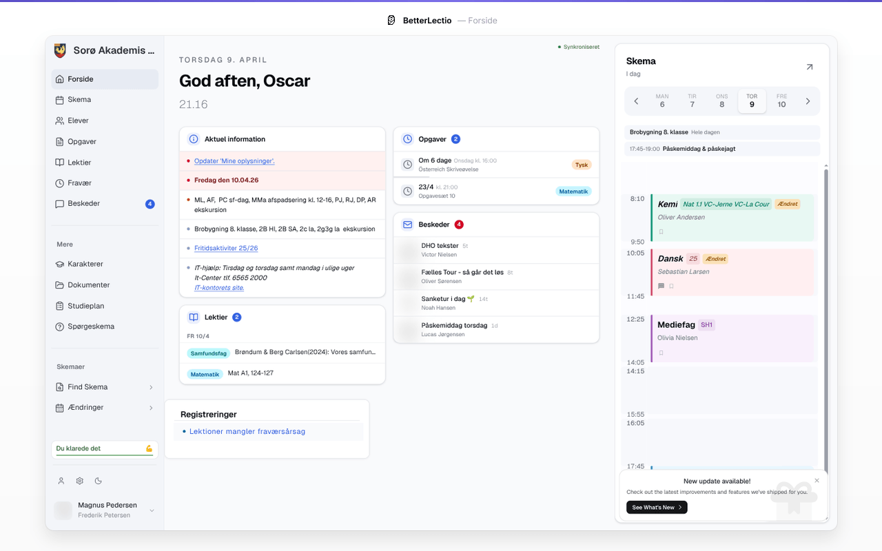 Forside i BetterLectios browserudvidelse, indrammet med demodata