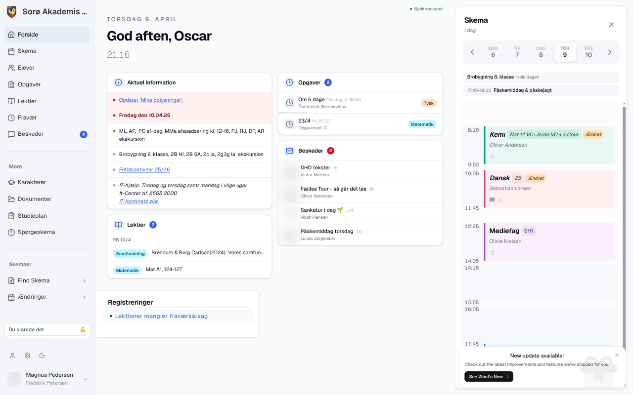 Forside i BetterLectios browserudvidelse med demodata