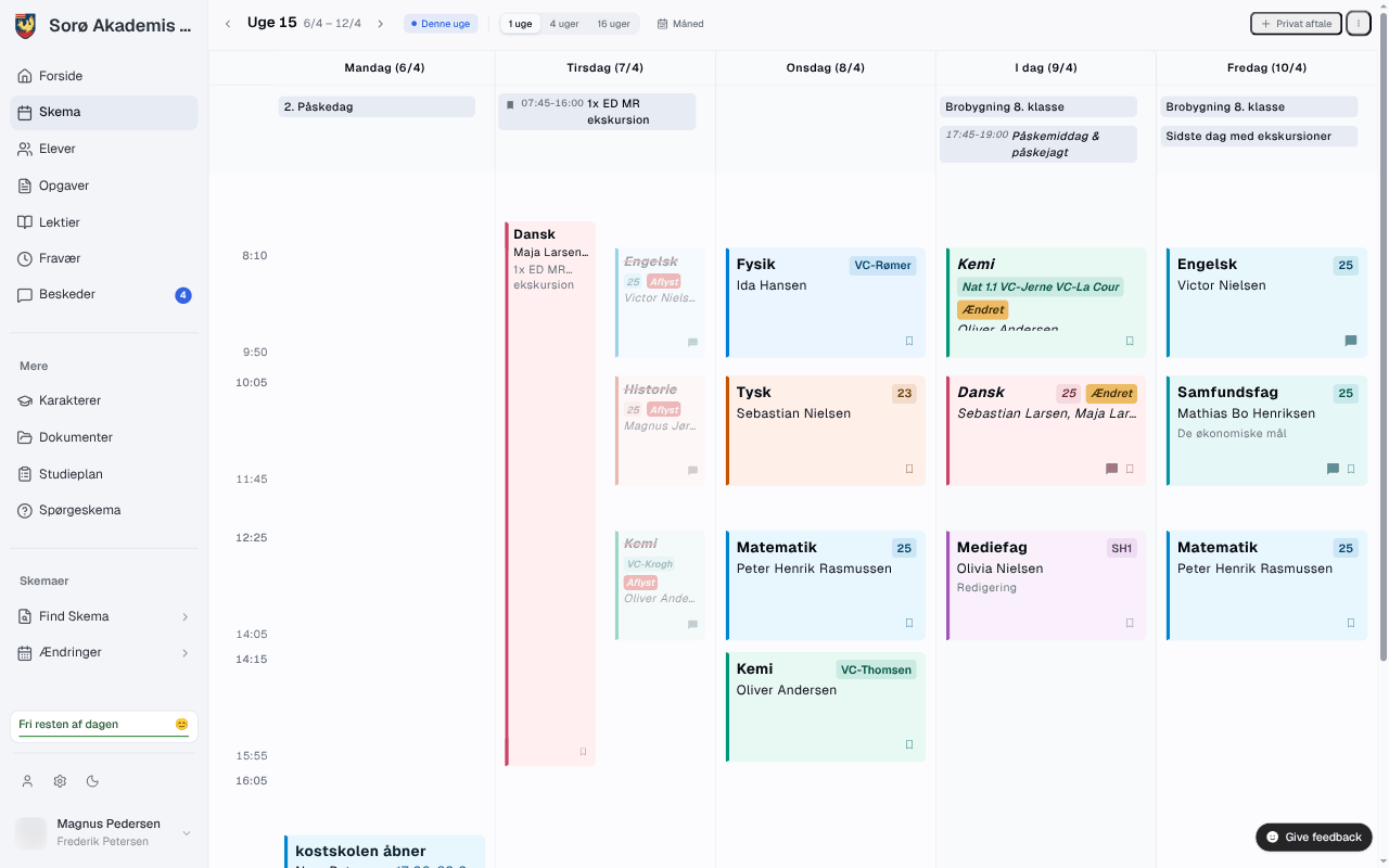 Skema i BetterLectios browserudvidelse med demodata